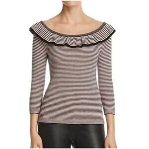 REBECCA TAYLOR Women’s 100% Merino Wool Ruffle Pink Striped Sweater